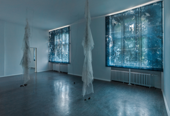 Interior Garden - 2021, UV-print, etching needle and oil on glass, installation view Museum Reinickendorf Berlin