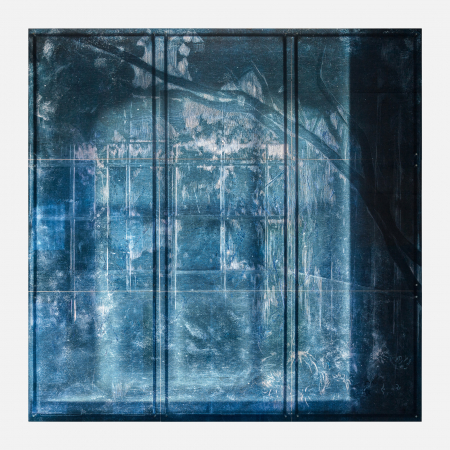 Interior Garden - 2021, UV-print, etching needle and oil on glass, 108.7 x 108.7 in. / 276 x 276 cm