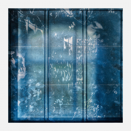 Interior Garden - 2021, UV-print, etching needle and oil on glass, 108.7 x 108.7 in. / 276 x 276 cm